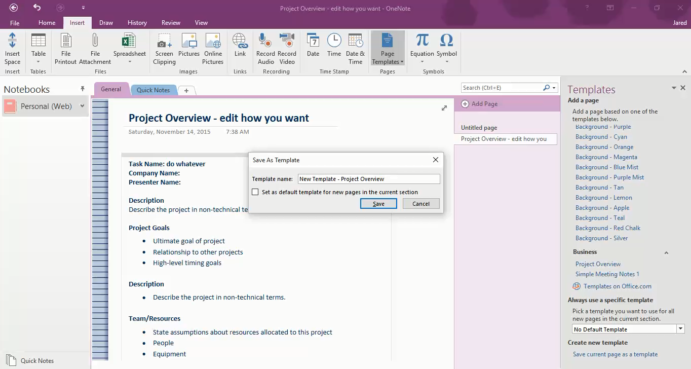 excel to onenote 2016